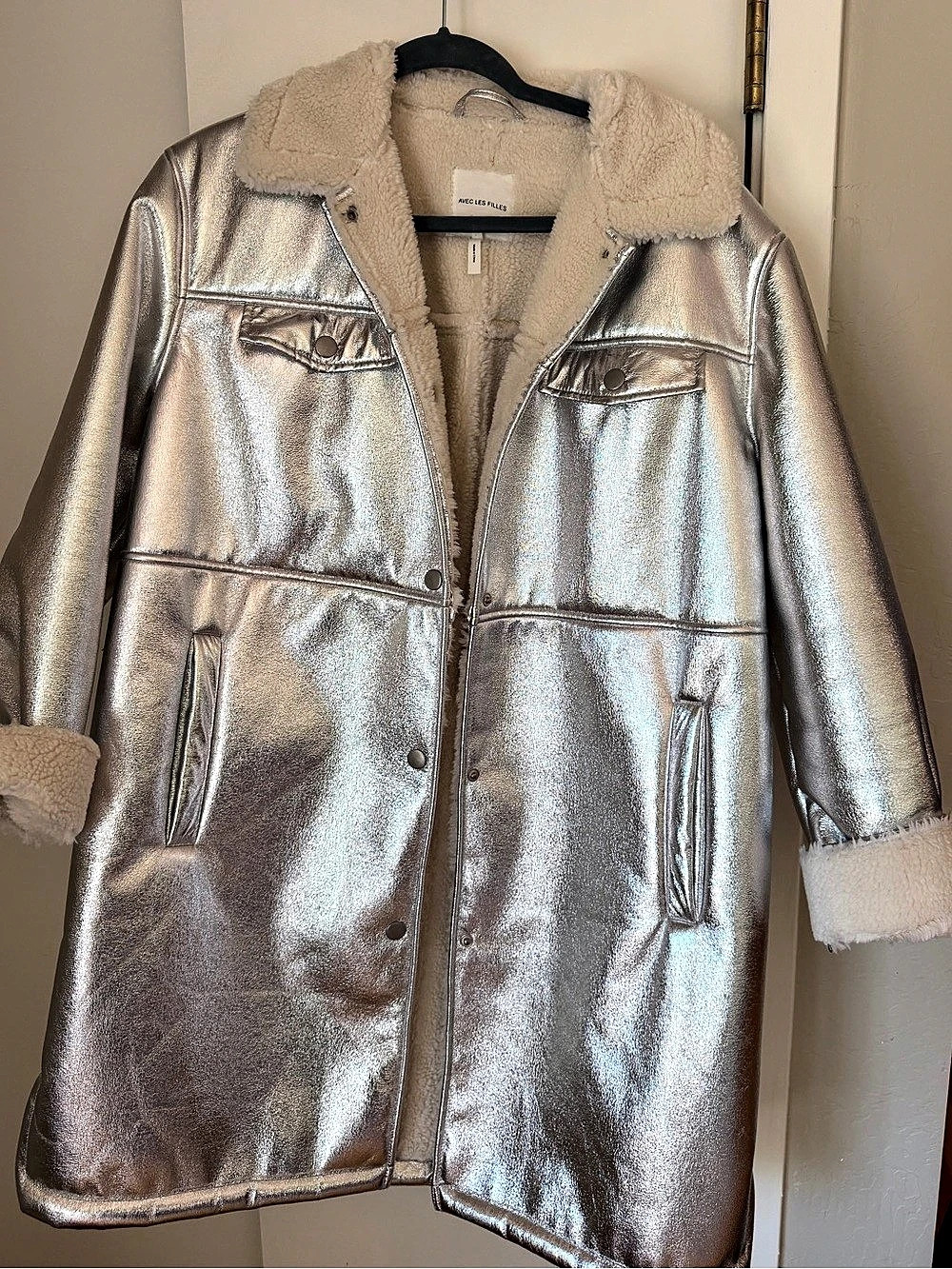 Avec Les Filles Sherpa Collar Metallic Long Coat Silver & Cream Medium